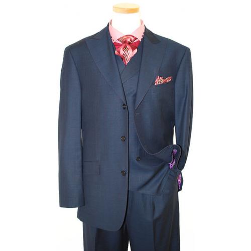 P2 By Tayion Collection Slate Navy Blue/Wine  Windowpanes With Wine Hand-Pick Stitching Super 120'S Extra Fine Vested Suit 6232/1